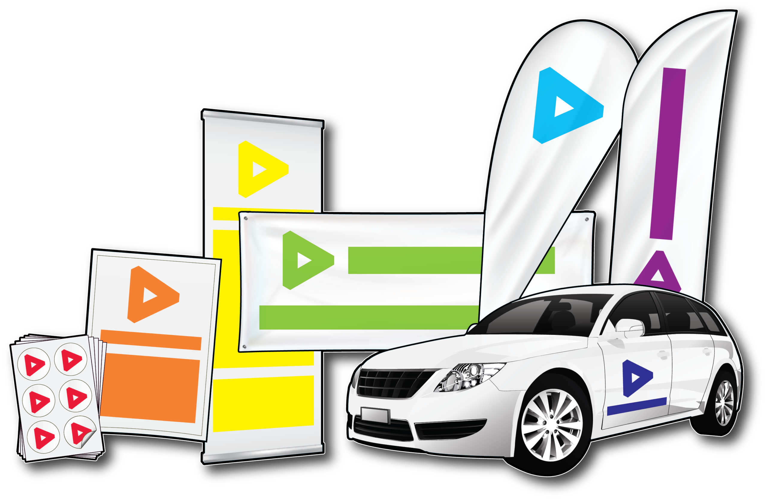 Flags, banners, pull-up banner, poster, stickers and vehicle graphics